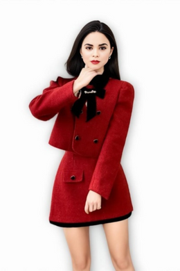 New Elegant Red Short Mini Bodycon Suit Skirt Double-breasted Bow Coat 2 Pieces Suits