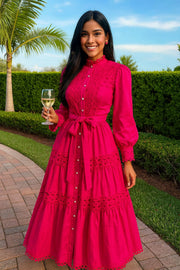 Elegant retro style slit maxi dress with pearl buttons and high-quality crochet embroidery