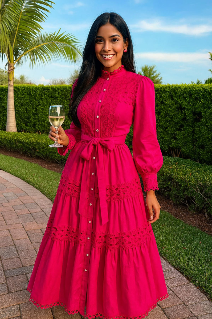Elegant retro style slit maxi dress with pearl buttons and high-quality crochet embroidery