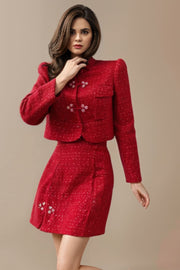 High quality red slim fit short coat+high waist mini skirt tweed two piece set