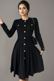 High quality plain pleated long sleeve dress with knee-length buttons