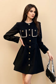 High Quality Round Neck Long Sleeve Elegant Button Patchwork Dresses