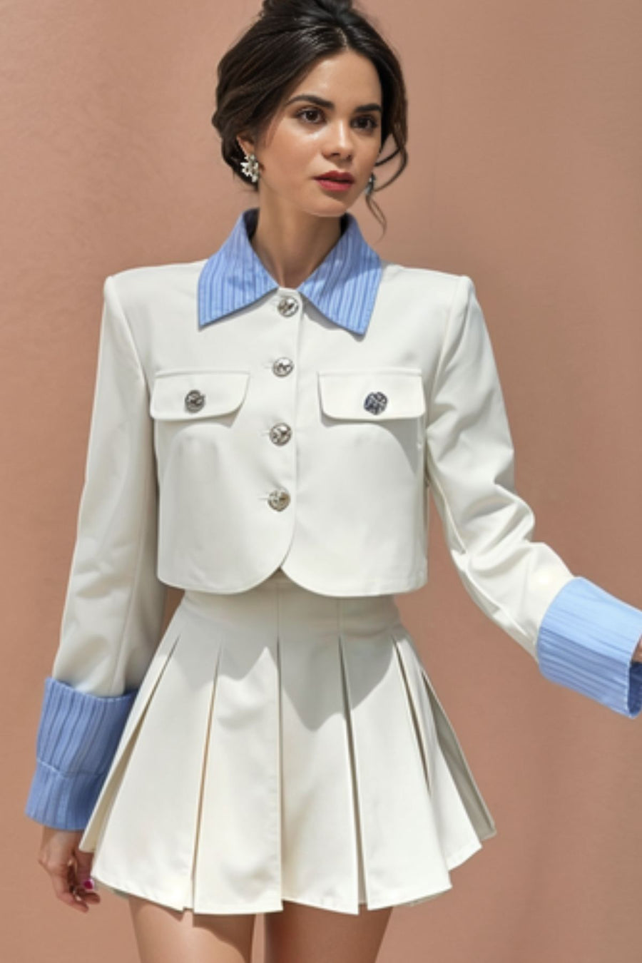 Two-piece set long sleeve top + high quality pleated skirt