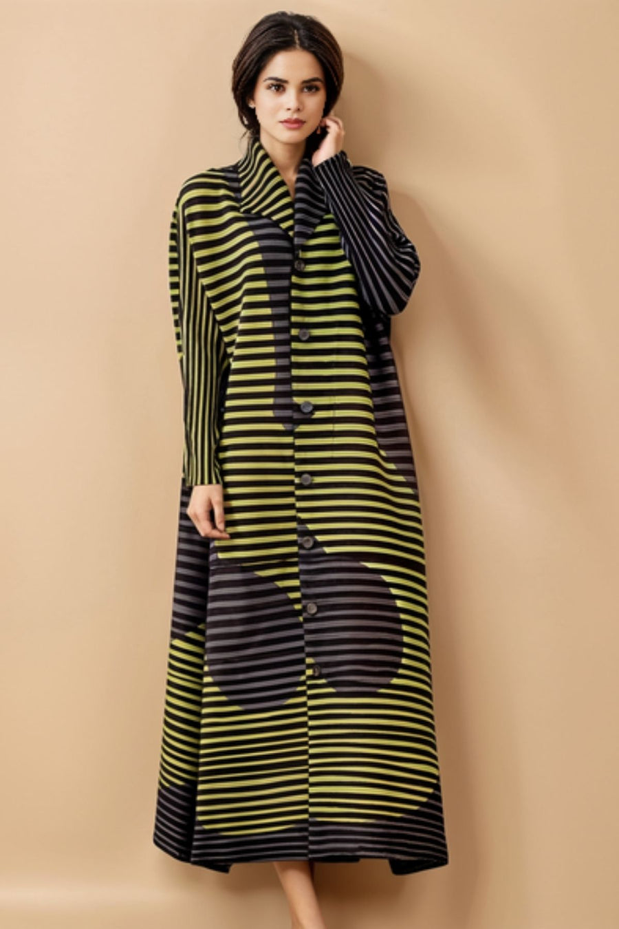 High Quality Lapel Long Sleeve Color Striped Print Pleated Dress