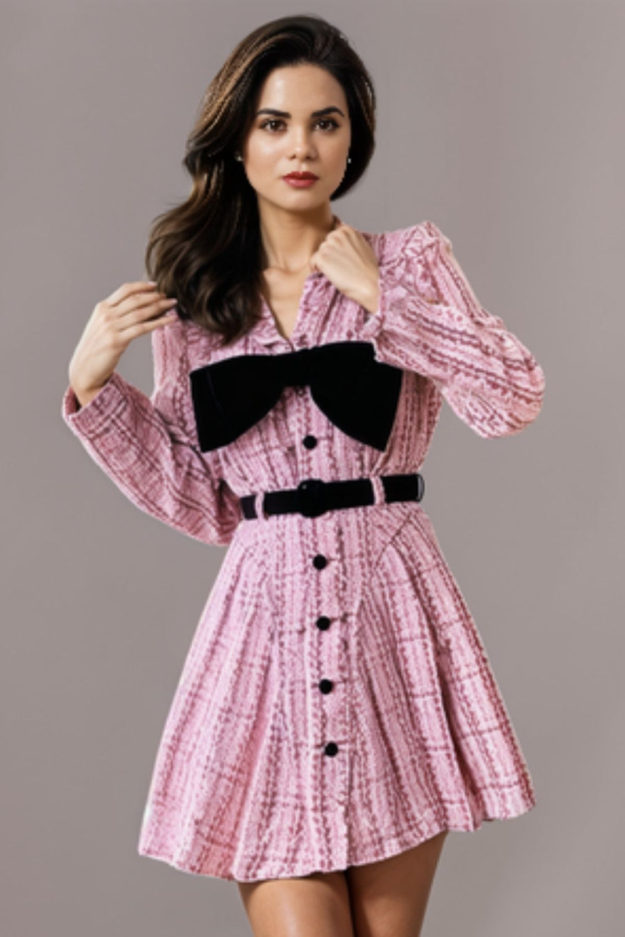 Thick Tweed Warm Long Sleeve Pleated Mini Dress