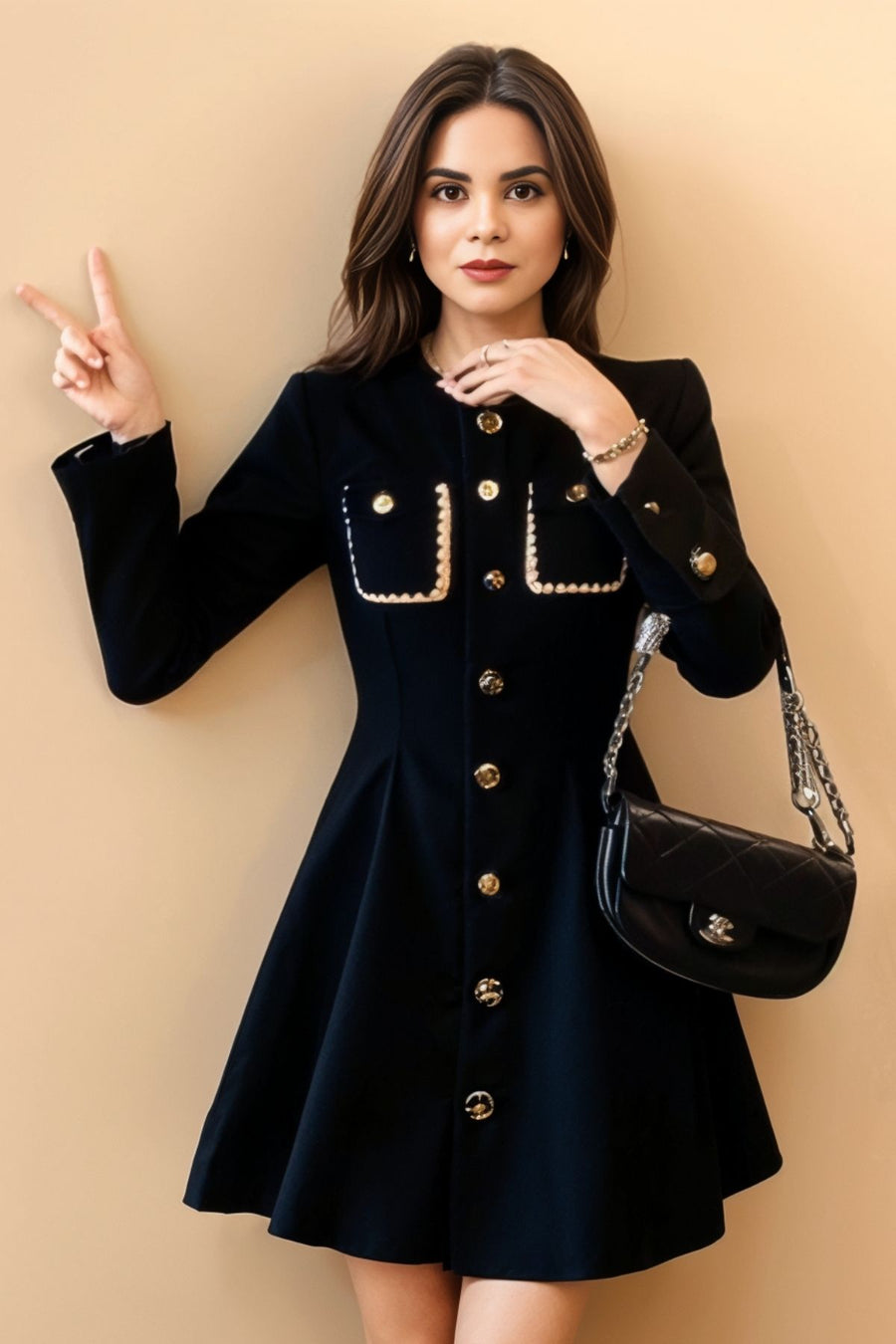 High Quality Round Neck Long Sleeve Elegant Button Patchwork Dresses