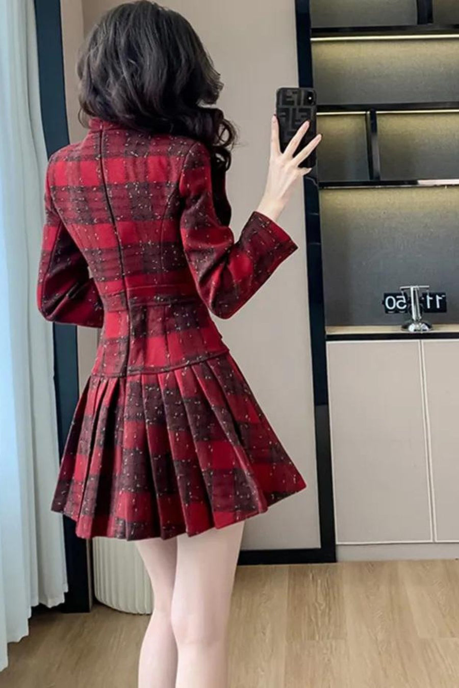 Short Plaid Tweed Dress with Metal Buttons and Big Bow High Quality