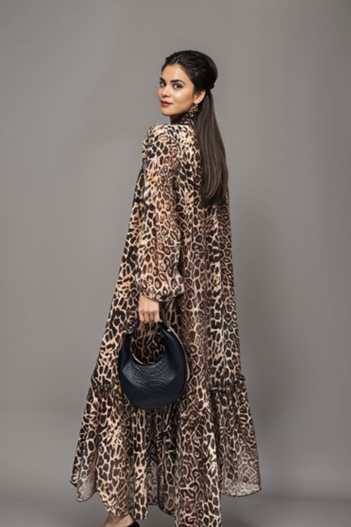 New High Quality Long Sleeve Leopard Print Chiffon Dresses