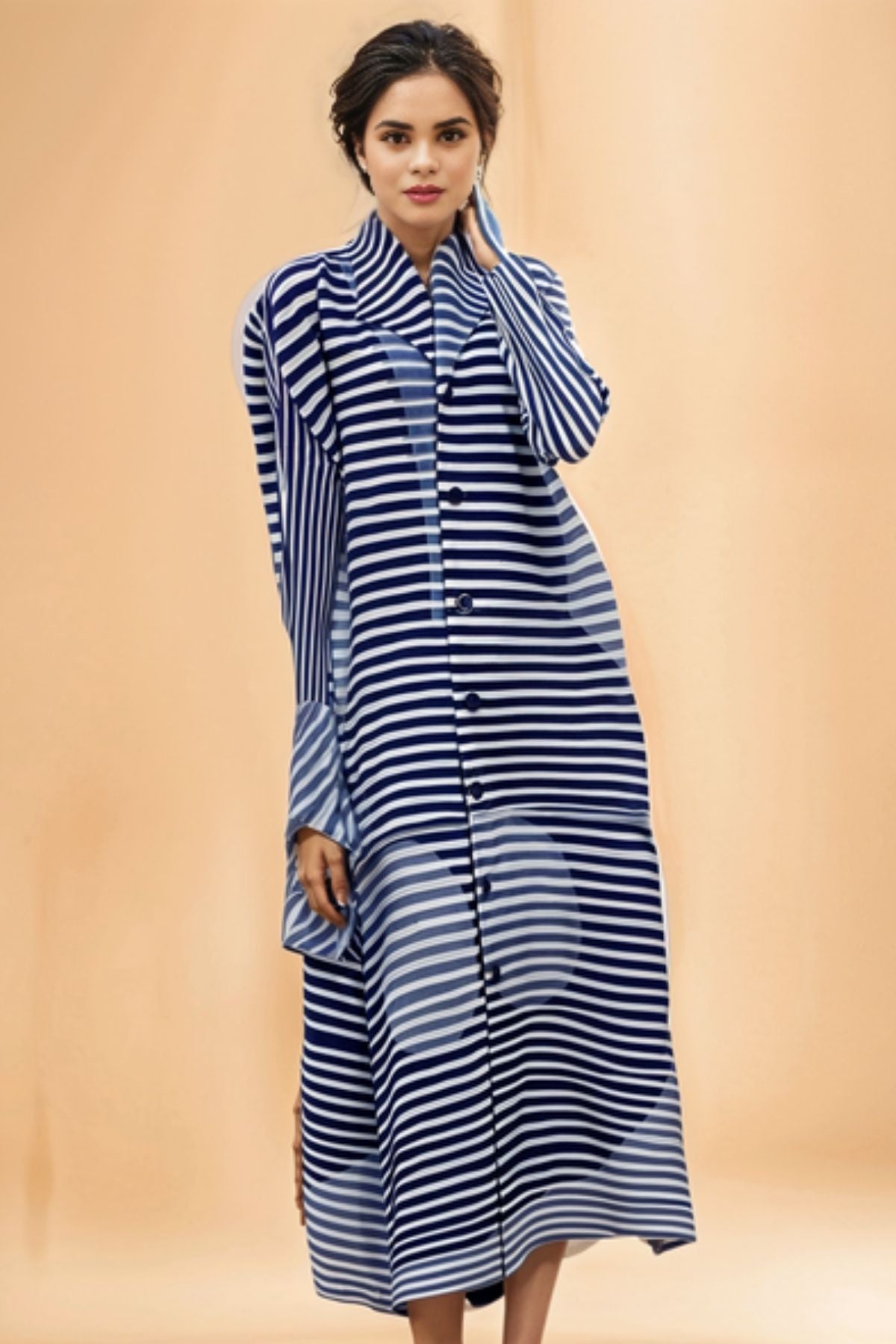 High Quality Lapel Long Sleeve Color Striped Print Pleated Dress