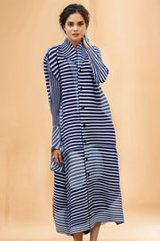 High Quality Lapel Long Sleeve Color Striped Print Pleated Dress