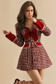 High quality red plaid long sleeve tweed dress with bows