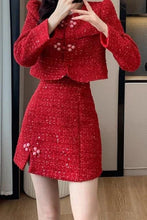 High quality red slim fit short coat+high waist mini skirt tweed two piece set