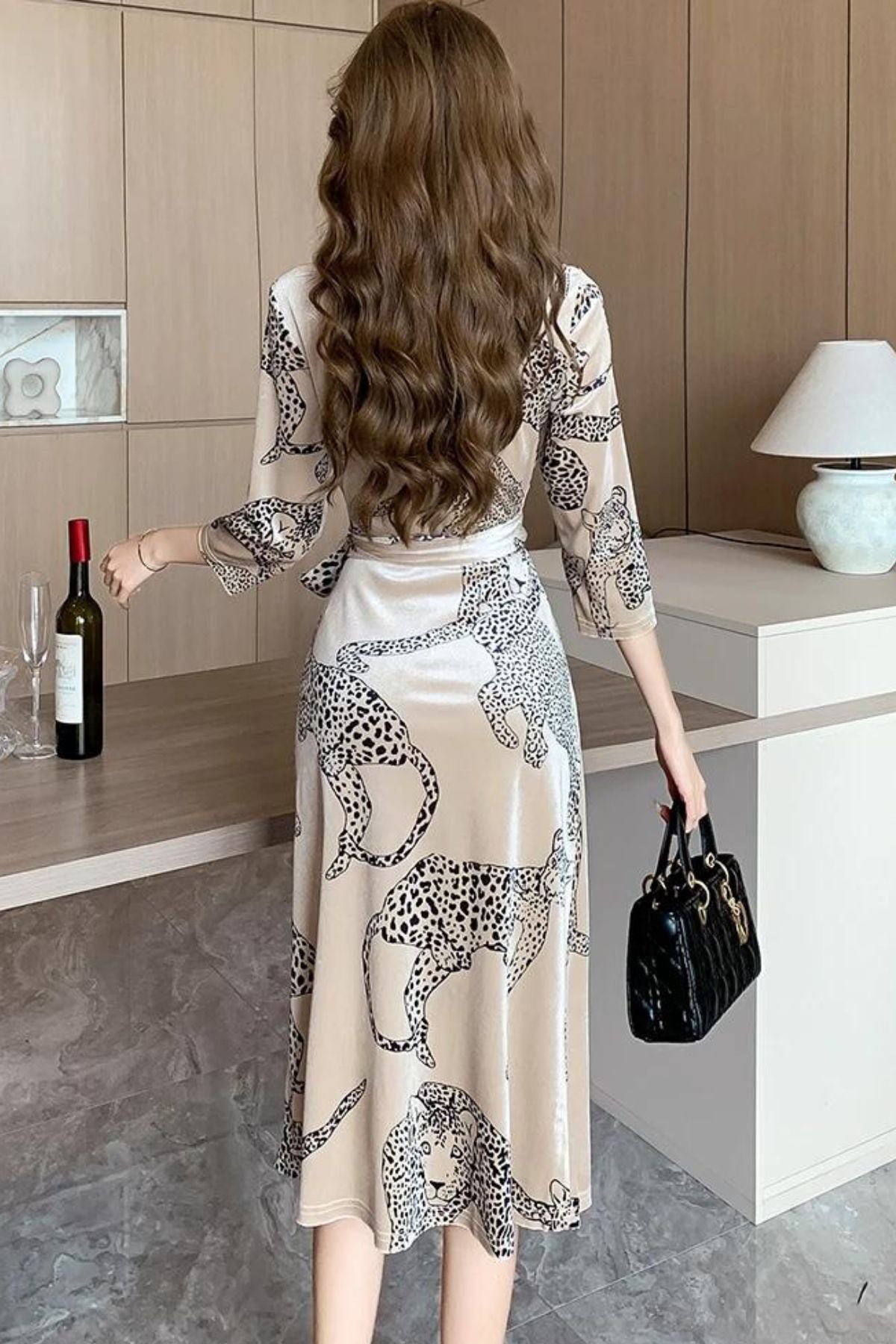 High Quality Vintage Bodycon Velvet Print Elegant Bow One Piece Dress