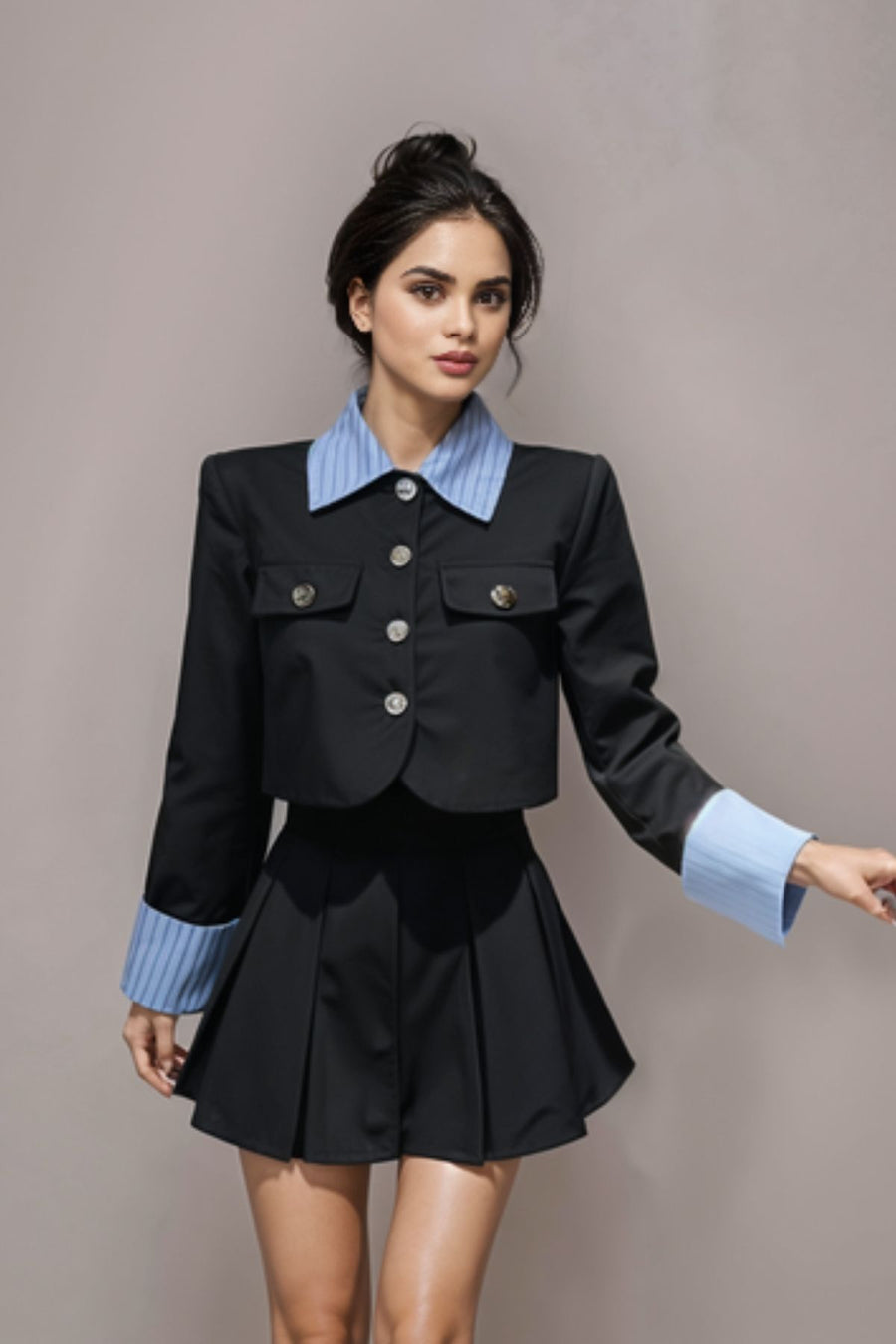 Two-piece set long sleeve top + high quality pleated skirt