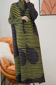 High Quality Lapel Long Sleeve Color Striped Print Pleated Dress