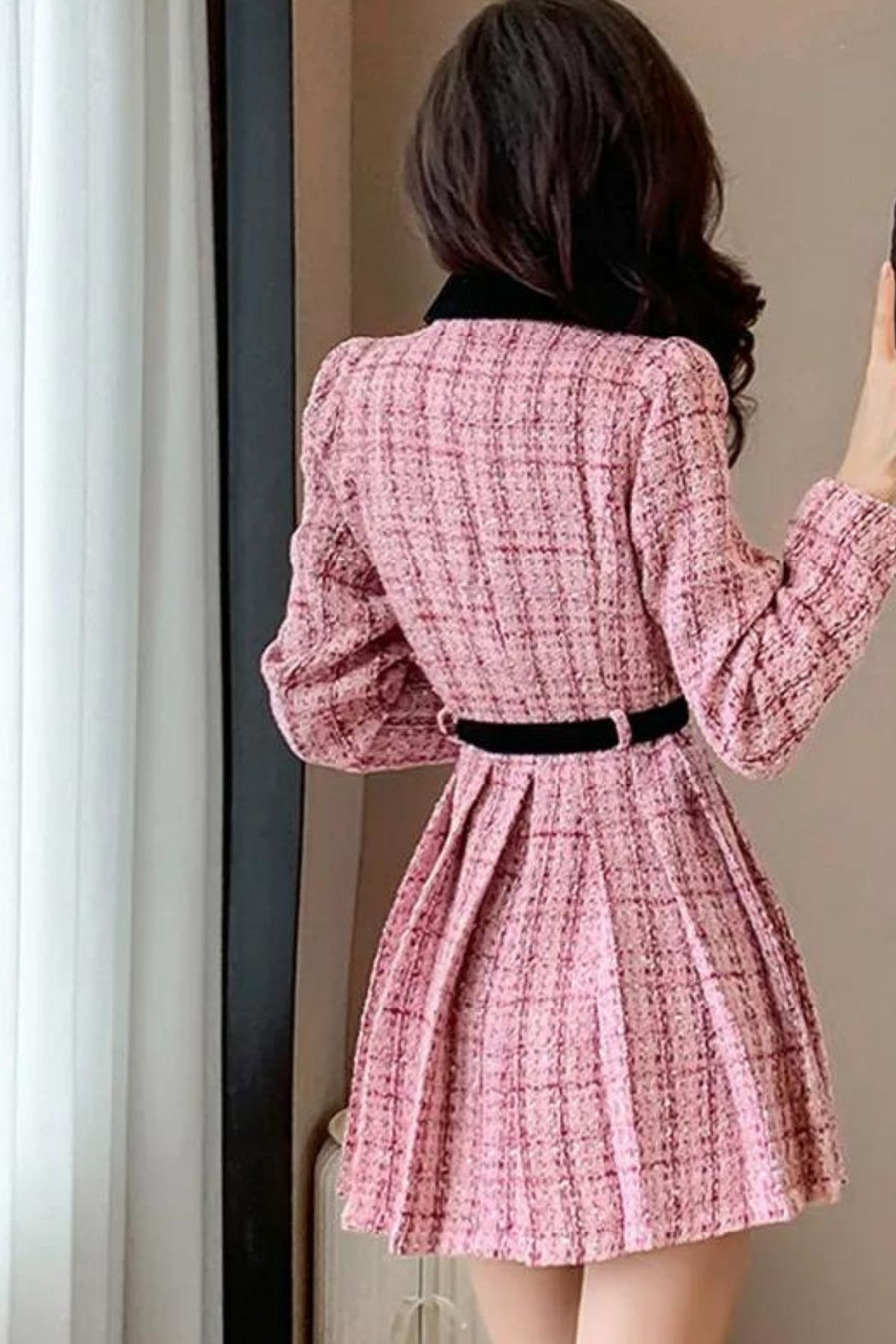 Thick Tweed Warm Long Sleeve Pleated Mini Dress ETERNA Thick Tweed Warm Long Sleeve Pleated Mini Dress ETERNA