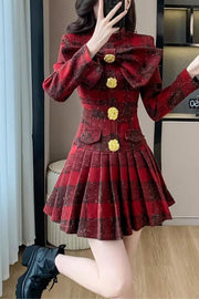 Short Plaid Tweed Dress with Metal Buttons and Big Bow High Quality