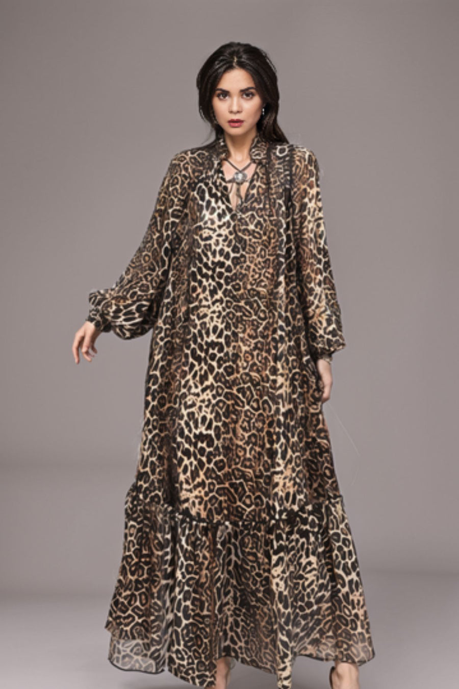 New High Quality Long Sleeve Leopard Print Chiffon Dresses