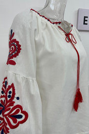 High Quality Lantern Sleeve V Neck Embroidery Shirt