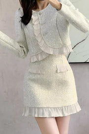 Two-piece tweed set with slim high skirt+high quality ruffled top