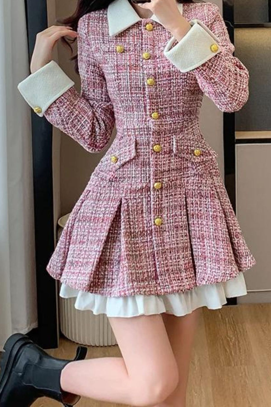 High quality patchwork long sleeve tweed dresses pink / L High quality patchwork long sleeve tweed dresses pink / L
