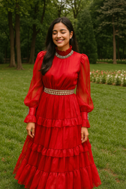 Elegant luxury French style dress, with smooth diamonds, flared sleeves and narrow waist, mid-length high quality