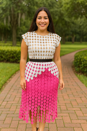 Women's two-piece set, featuring a round neck crop top and a long fitted midi skirt.