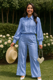 Women Lace Patchwork Pants Set Single Breasted Long Sleeved Shirt Elastic Waisted Trousers Suit Summer Female 2 pieces Sets