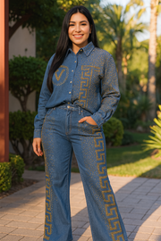 Streetwear Hot Drilling Women Denim Sets Diamonds Single-breasted Loose Long Sleeve Shirts Coat + Wide Leg Straight Jeans Suits