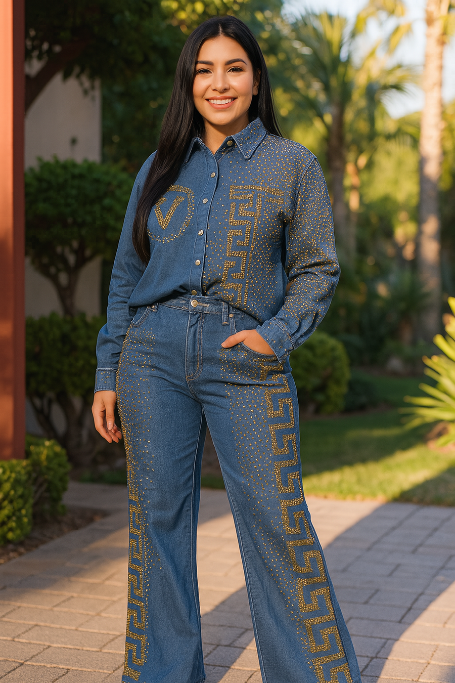 Streetwear Hot Drilling Women Denim Sets Diamonds Single-breasted Loose Long Sleeve Shirts Coat + Wide Leg Straight Jeans Suits