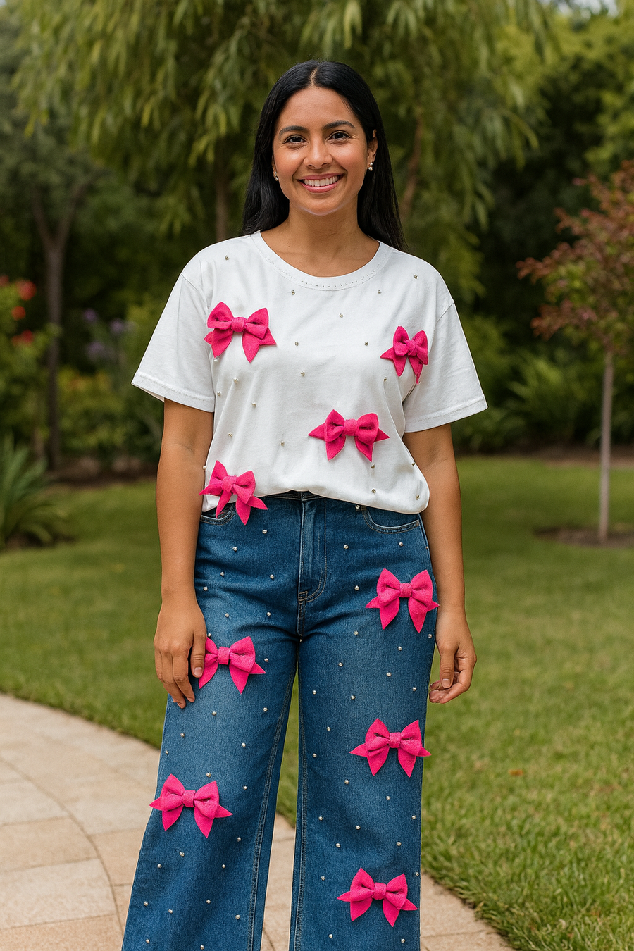 Age Reduction Female Two-piece Set Cute Bow Diamonds Beads O-neck Pullover T-shirt Top + High Waist Straight Denim Pants Suits