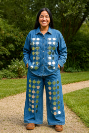 2-piece suit, large sequin shirt, pants and denim top, popular in European heavy industry, high-end, with wide-legged pants and fine beads.