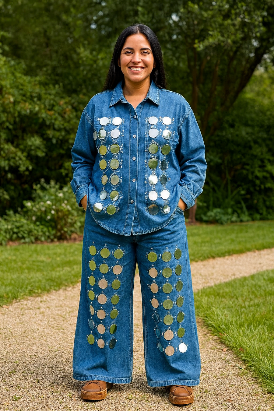 2-piece suit, large sequin shirt, pants and denim top, popular in European heavy industry, high-end, with wide-legged pants and fine beads.