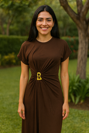 French retro round neck, short sleeve, high waist, straight dress with high-quality spliced metal pins