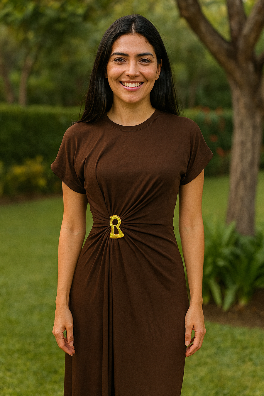 French retro round neck, short sleeve, high waist, straight dress with high-quality spliced metal pins
