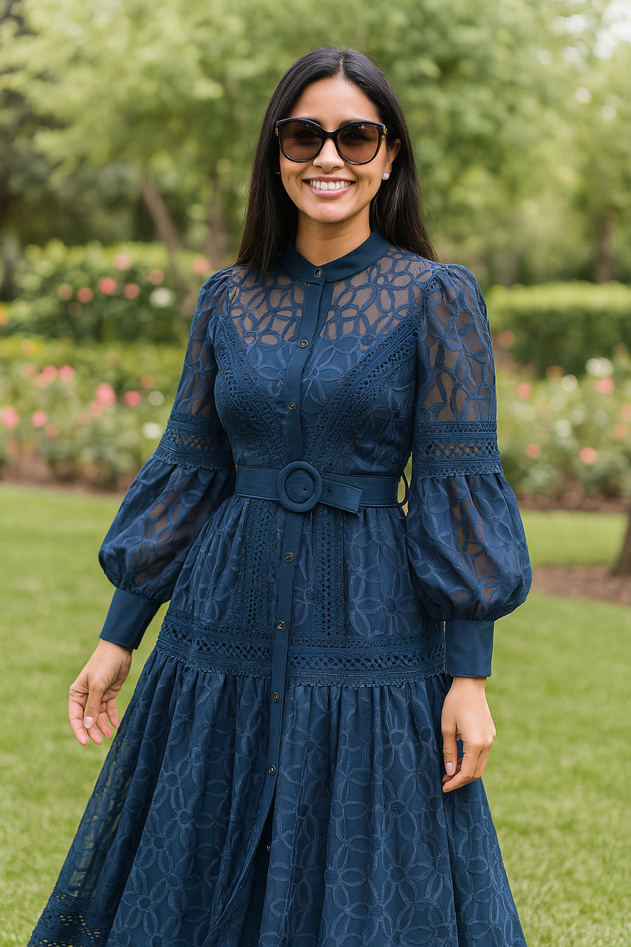 Elegant round neck fitted long dress, vintage style, long lantern sleeves, embroidery, single breasted, French evening style