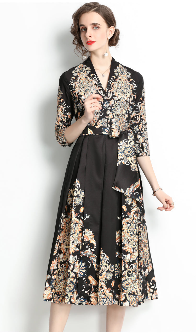 High Quality Three Quarter Sleeve V Neck Long Sleeve Flower Print Satin Dress