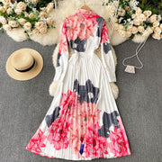 High Quality Pleated Long Sleeve Bow Short Sleeve Elegant Floral Dresses