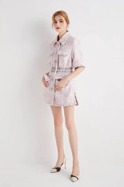 Autumn New Women High Quality Tweed Short Dress Jacket Slim Waist Pocket Elegant Vintage Pink Single Breasted Dress Female S-L
