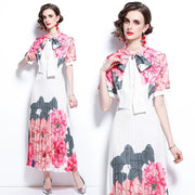 High Quality Pleated Long Sleeve Bow Short Sleeve Elegant Floral Dresses