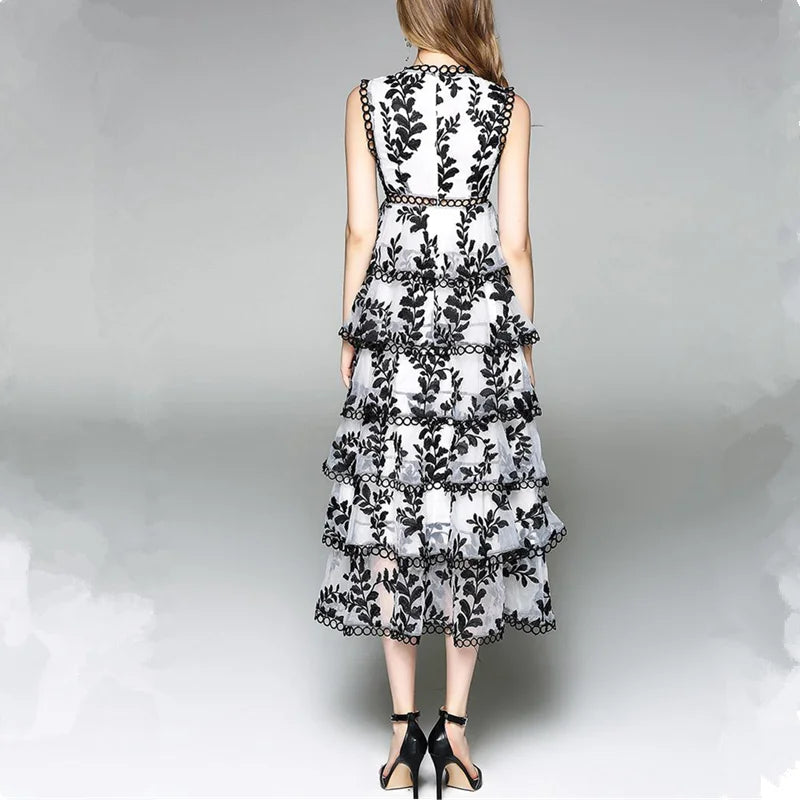 High Quality Sleeveless Leaf Embroidery Layered Ruffles Below Knee Long Dress