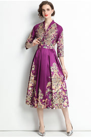 High Quality Three Quarter Sleeve V Neck Long Sleeve Flower Print Satin Dress