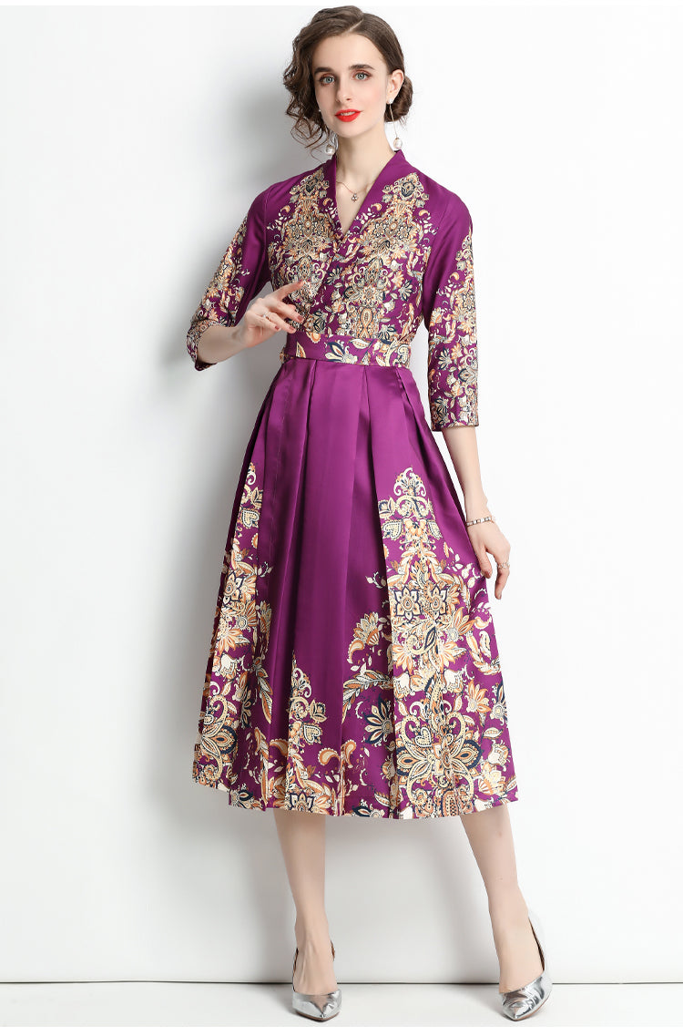 High Quality Three Quarter Sleeve V Neck Long Sleeve Flower Print Satin Dress