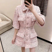 Autumn New Women High Quality Tweed Short Dress Jacket Slim Waist Pocket Elegant Vintage Pink Single Breasted Dress Female S-L
