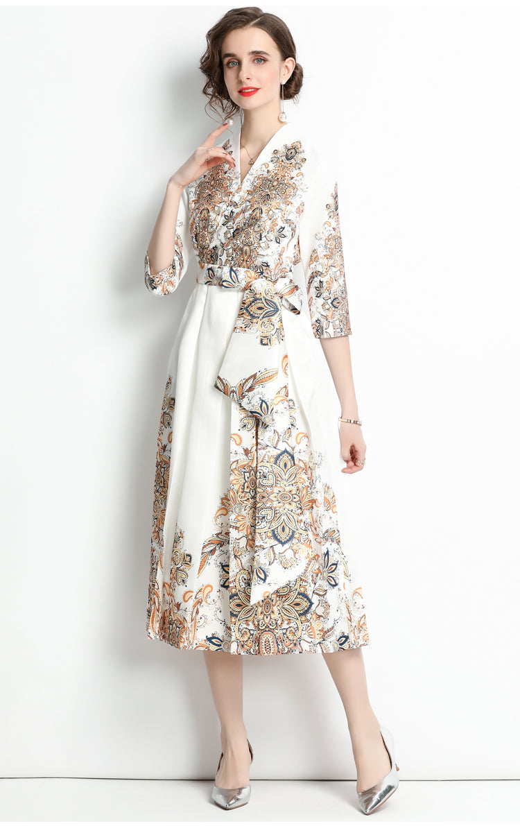 High Quality Three Quarter Sleeve V Neck Long Sleeve Flower Print Satin Dress