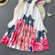 High Quality Pleated Long Sleeve Bow Short Sleeve Elegant Floral Dresses