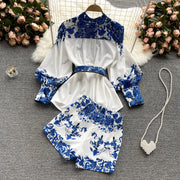 Two Piece Set Women's Shorts Sets Summer Suit Vintage Printed Long Sleeve Blouse Tops And High Waist Shorts Female Office Outfit