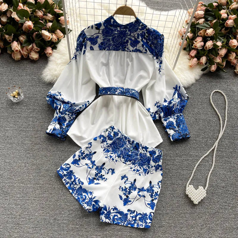 Two Piece Set Women's Shorts Sets Summer Suit Vintage Printed Long Sleeve Blouse Tops And High Waist Shorts Female Office Outfit