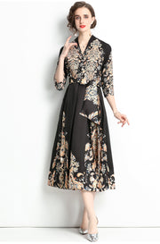 High Quality Three Quarter Sleeve V Neck Long Sleeve Flower Print Satin Dress