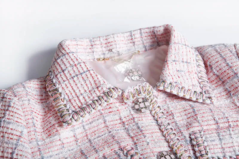 Autumn New Women High Quality Tweed Short Dress Jacket Slim Waist Pocket Elegant Vintage Pink Single Breasted Dress Female S-L